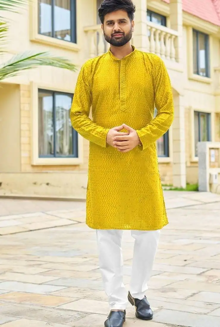 Yellow premium rayon with embroidery sequins work