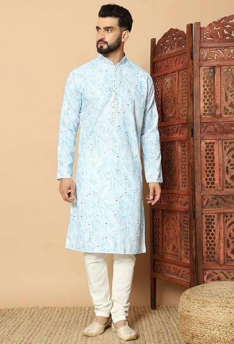 Light blue heavy linen cotton print with cotton pyjama