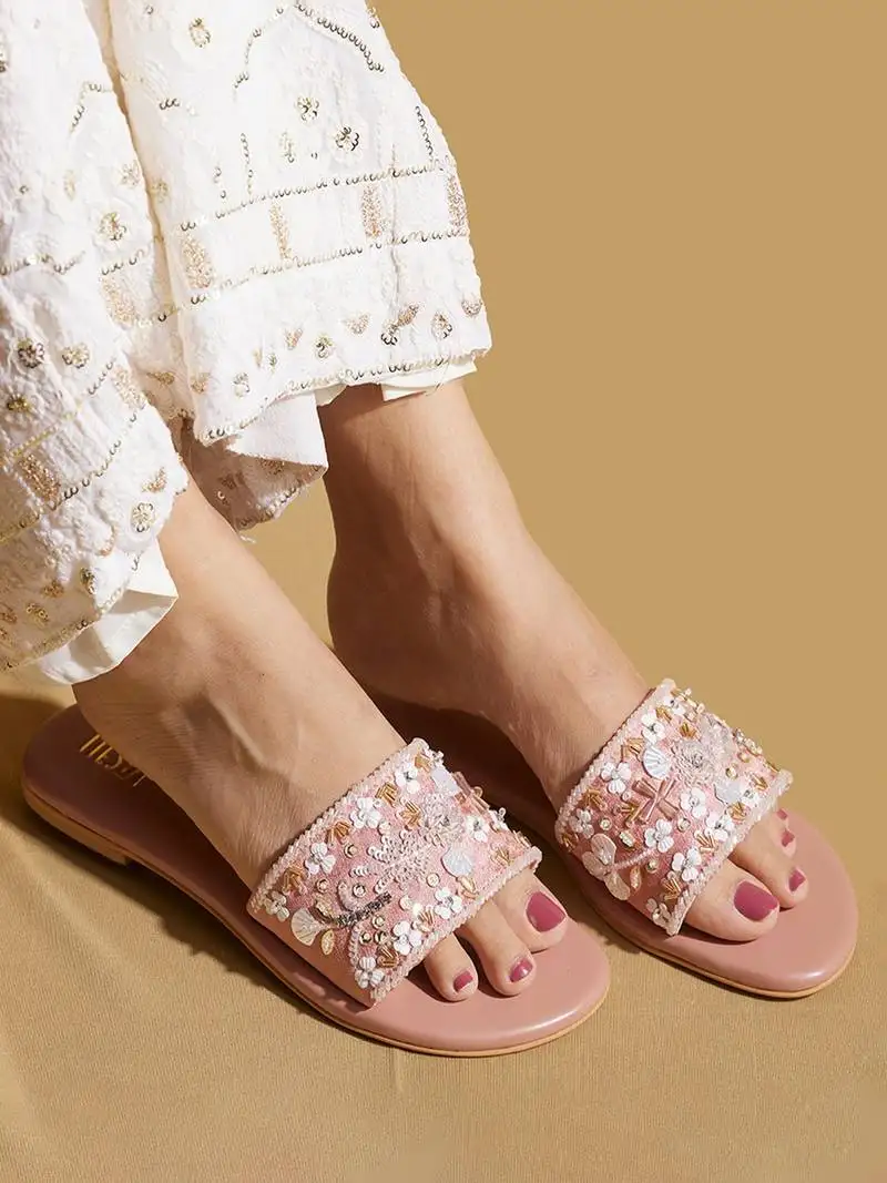 Pink embroidered satin flats
