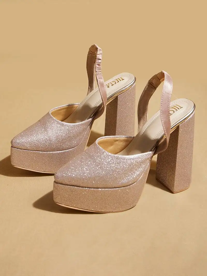 Rose gold embroidered leather heels