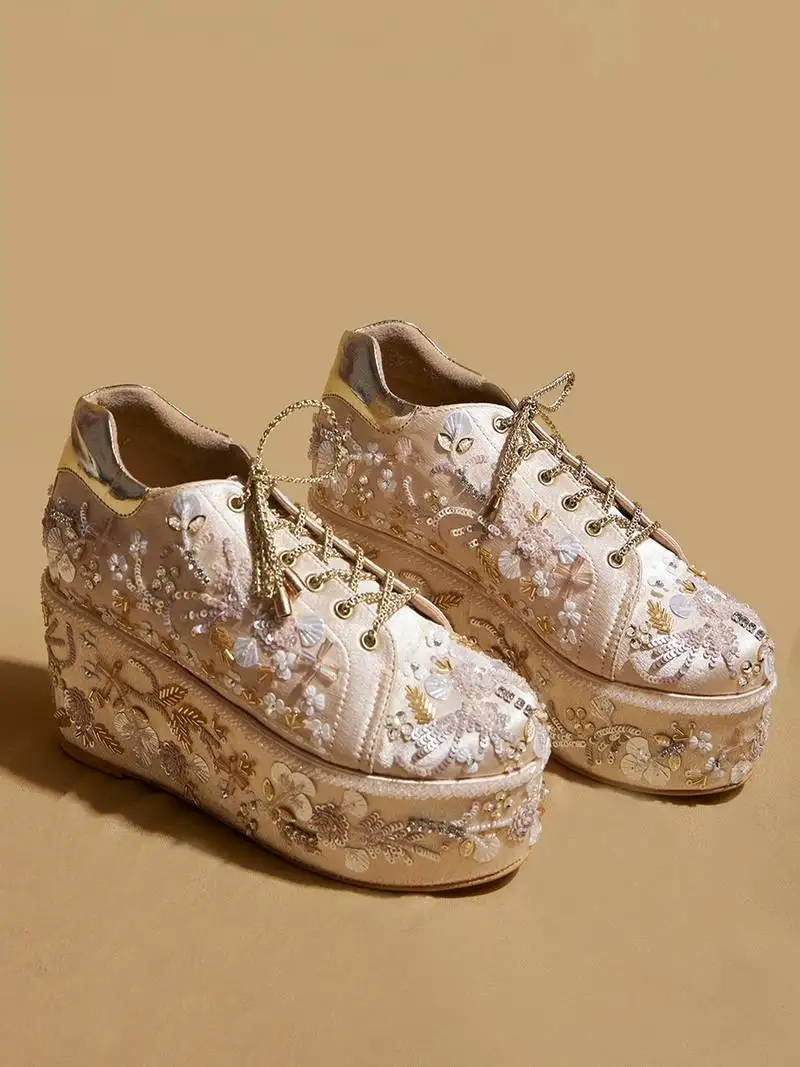 Gold embroidered satin heels