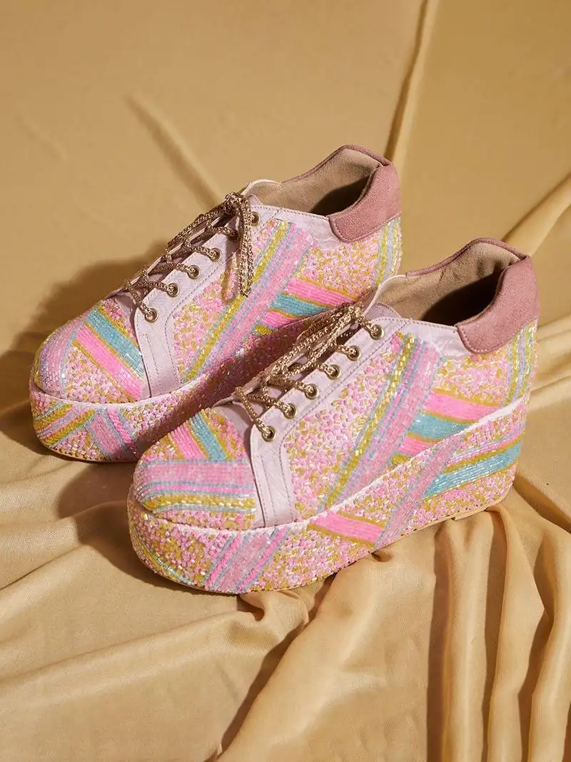 Pink embroidered satin heels