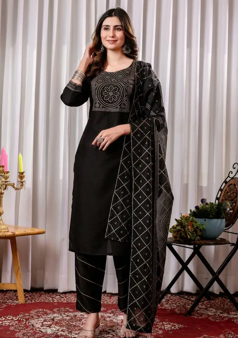 Black chinnon floral printed kurta set with dupatta for women stitched