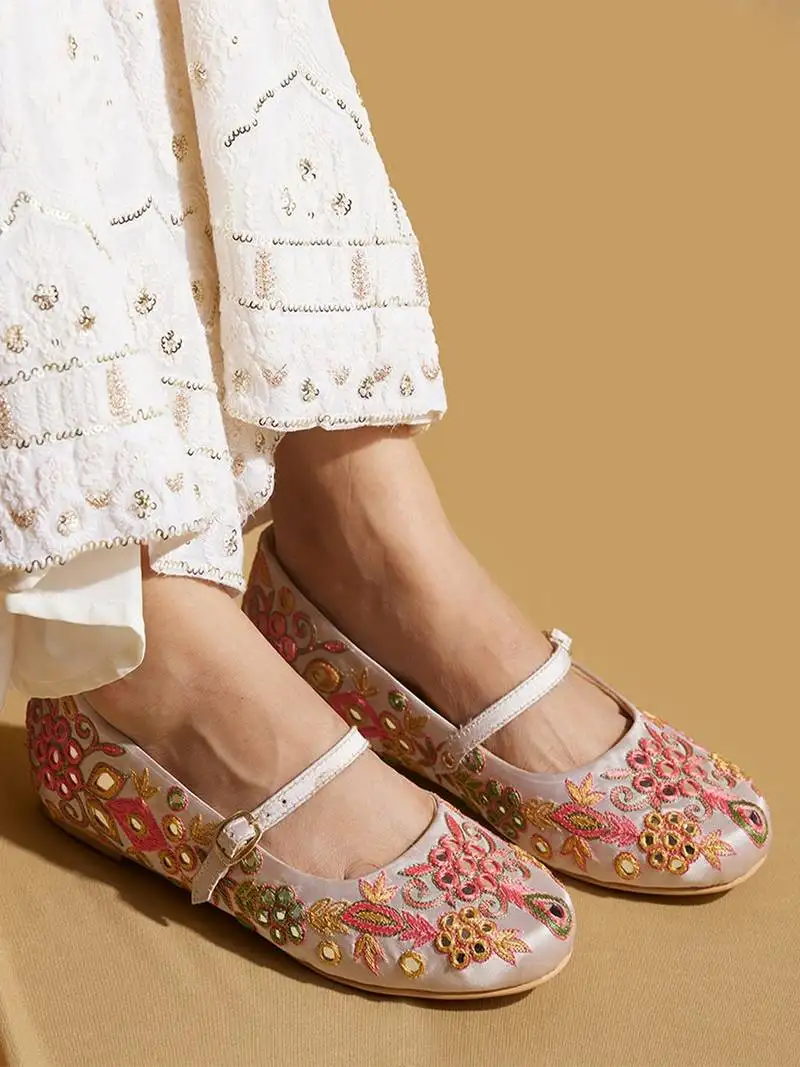 White embroidered satin ballerinas