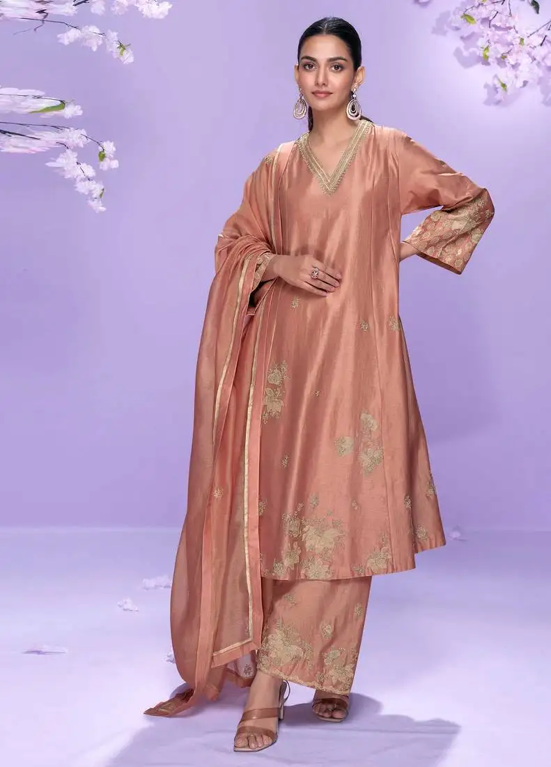 Rose pink embroidery work roman silk anarkali palazzo suit-free size stitching (size upto 42") stitched