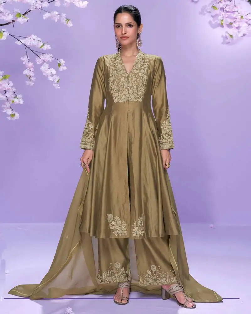 Brown embroidery work roman silk front cut anarkali palazzo suit-free size stitching (size upto 42") stitched