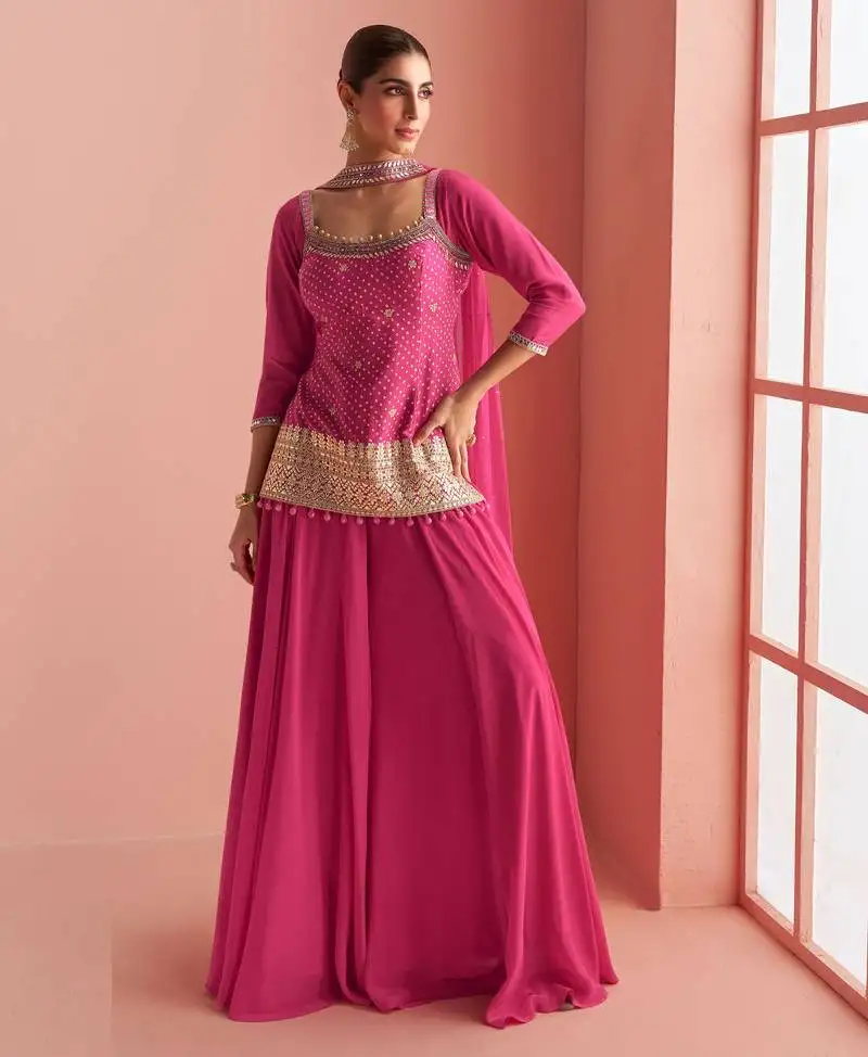Pink embroidery, mirror & printed work chinnon silk short top palazzo suit-free size stitching (size upto 42") stitched