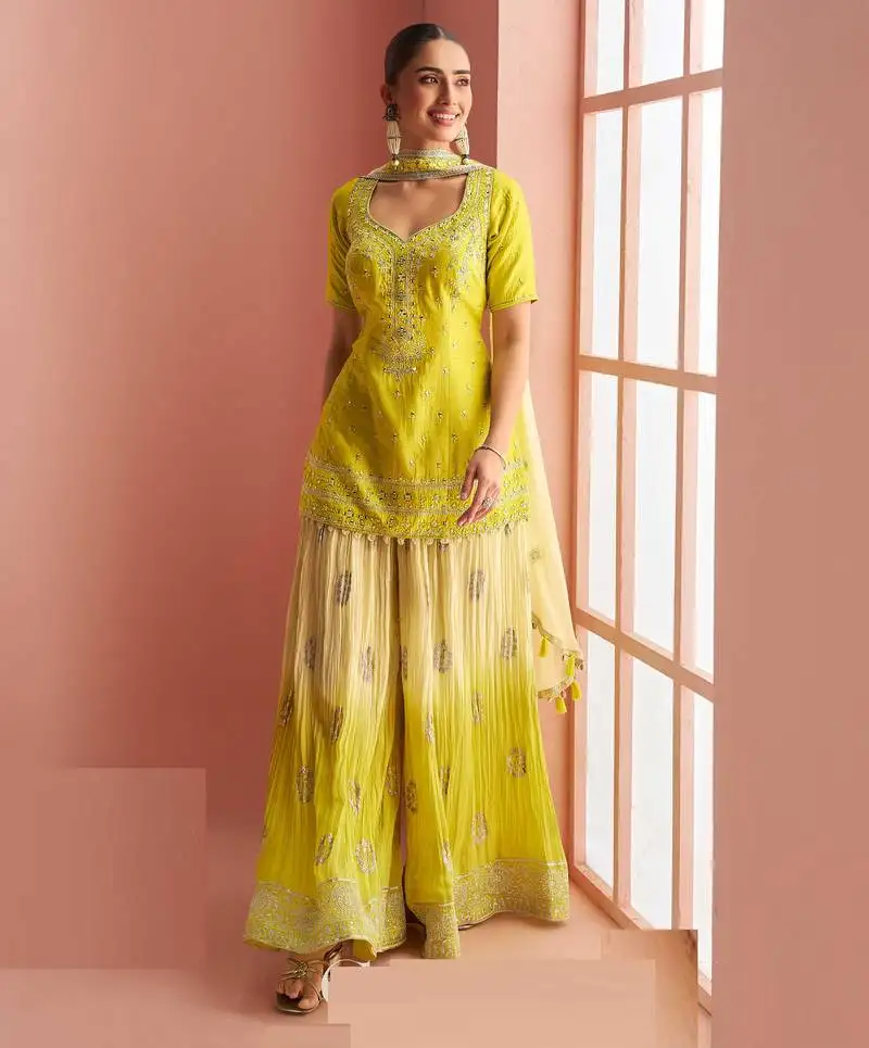 Lime yellow embroidery, mirror & printed work chinnon silk short top palazzo suit-free size stitching (size upto 42") stitched