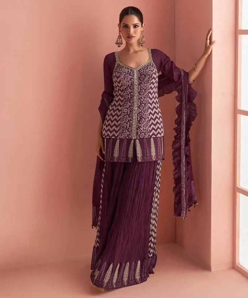 Wine embroidery, mirror & printed work chinnon silk short top palazzo suit-free size stitching (size upto 42") stitched