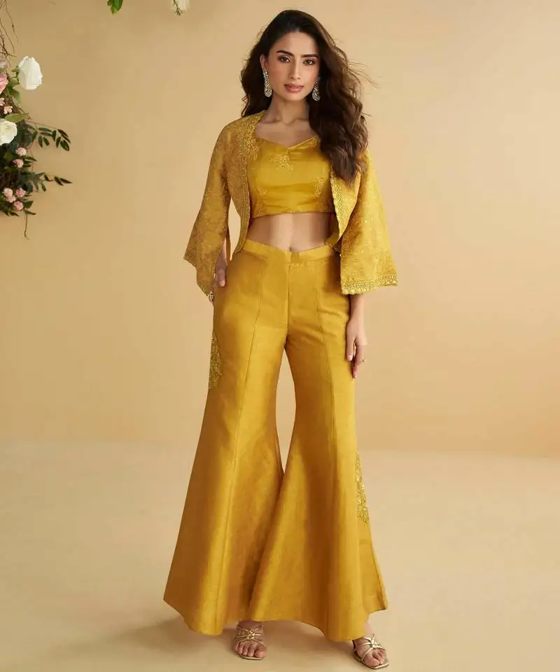 Mustard embroidery, sequins & beads work silk blouse palazzo suit with jacket-free size stitching (size upto 42") stitched