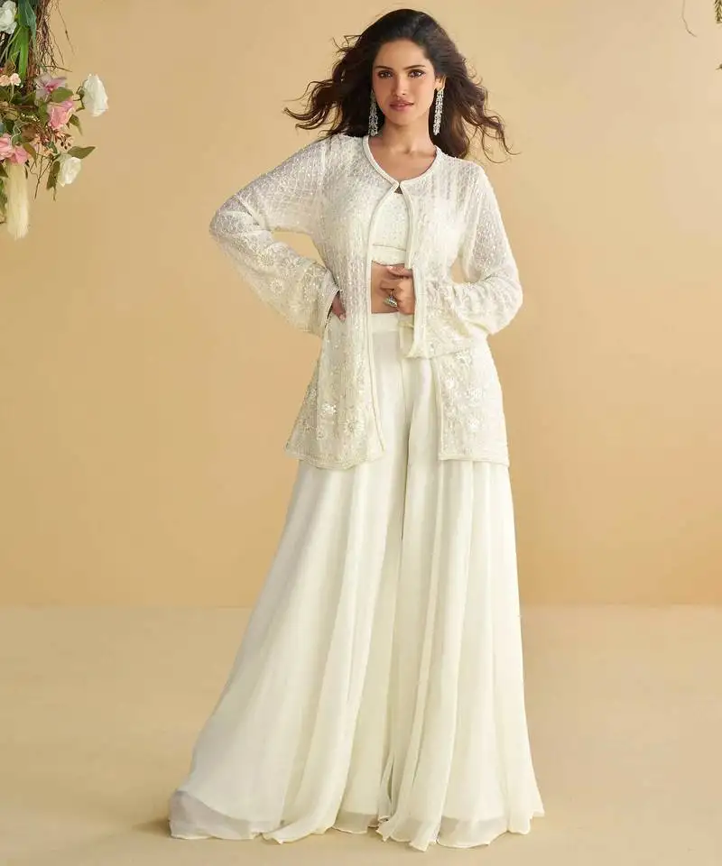 White embroidery sequins & beads work gerogette blouse palazzo suit with jacket-free size stitching (size upto 42") stitched