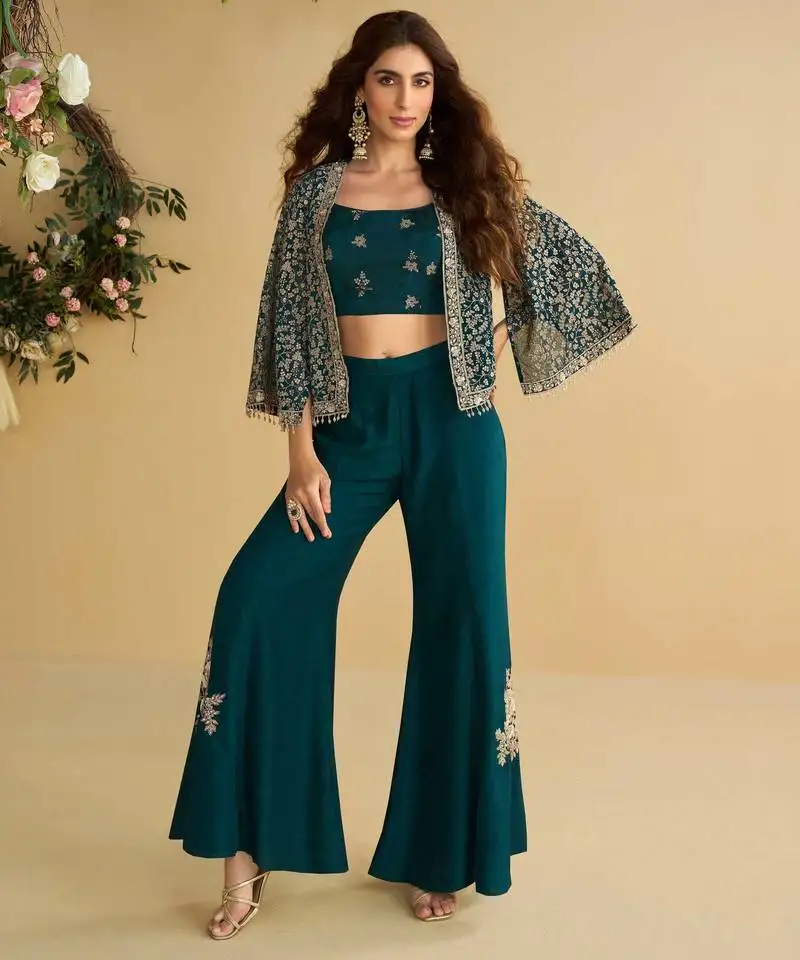 Navy blue embroidery, sequins & beads work silk blouse palazzo suit with jacket-free size stitching (size upto 42") stitched