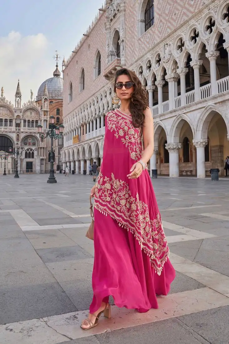 Rani pink embroidery, sequins & beads work crep high-low top palazzo suit -free size stitching (size upto 42") stitched