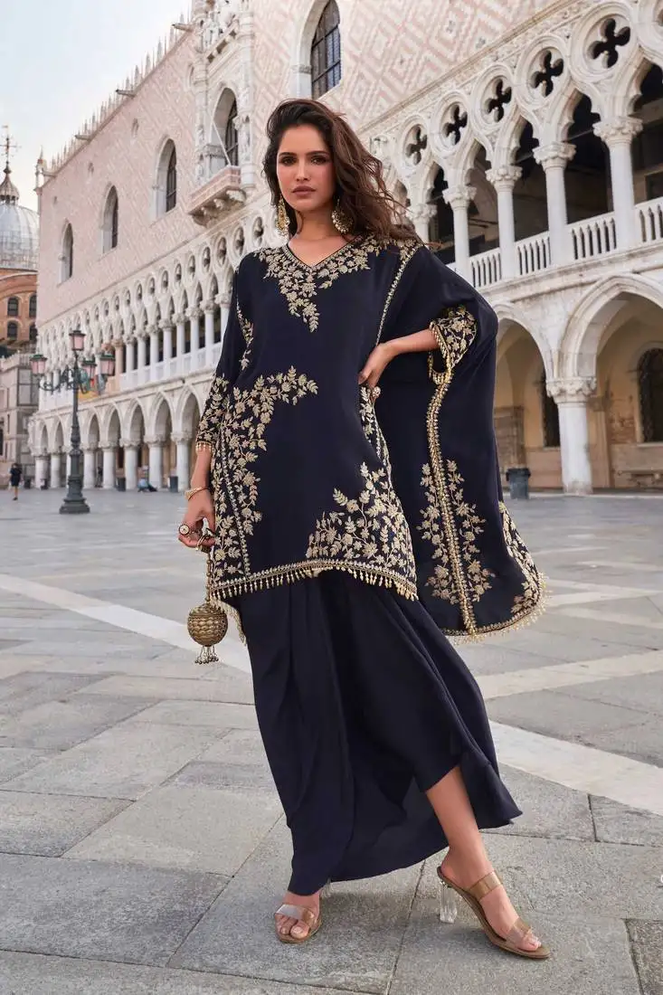 Black embroidery, sequins & beads work crep kaftan skirt suit -free size stitching (size upto 42") stitched