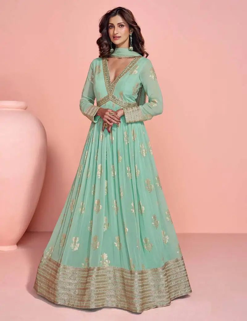 Sea green embroidery, sequins work viscos jacquard silk gown suit -free size stitching (size upto 42") stitched