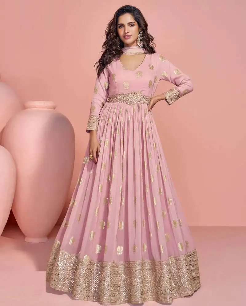 Rose pink embroidery sequins work viscos jacquard silk gown suit -free size stitching (size upto 42") stitched