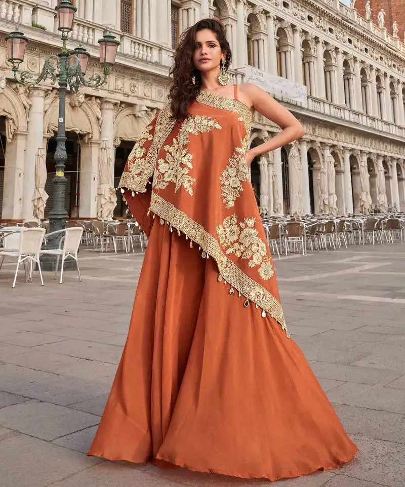 Orange embroidery sequins & beads work crep high-low top palazzo suit -free size stitching (size upto 42") stitched