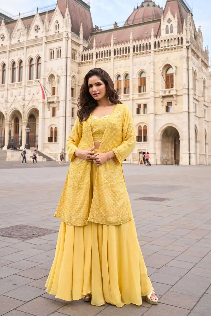 Yellow embroidery, zari & sequins work gerogette blouse palazzo suit with jacket-free size stitching (size upto 42") stitched