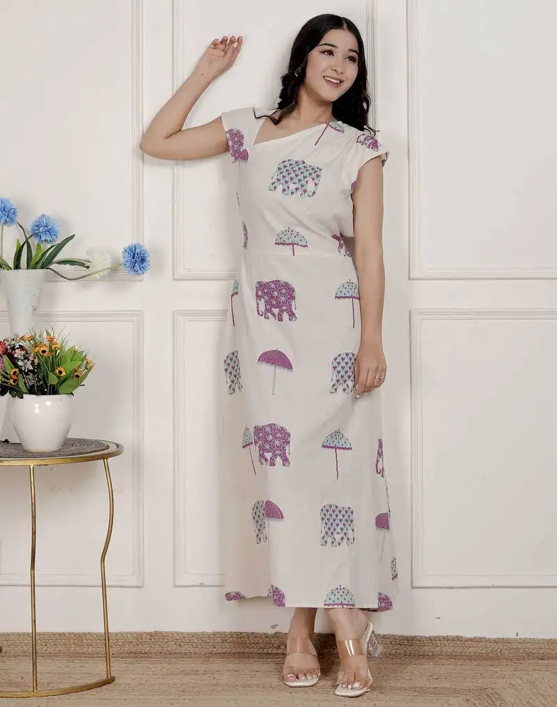 Off-white animal printed asymmetric neck a-line maxi dress