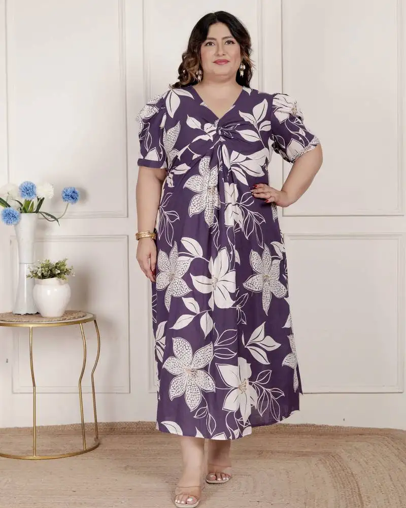 Plus size purple pleated puff sleeve floral pure cotton butterfly midi dress