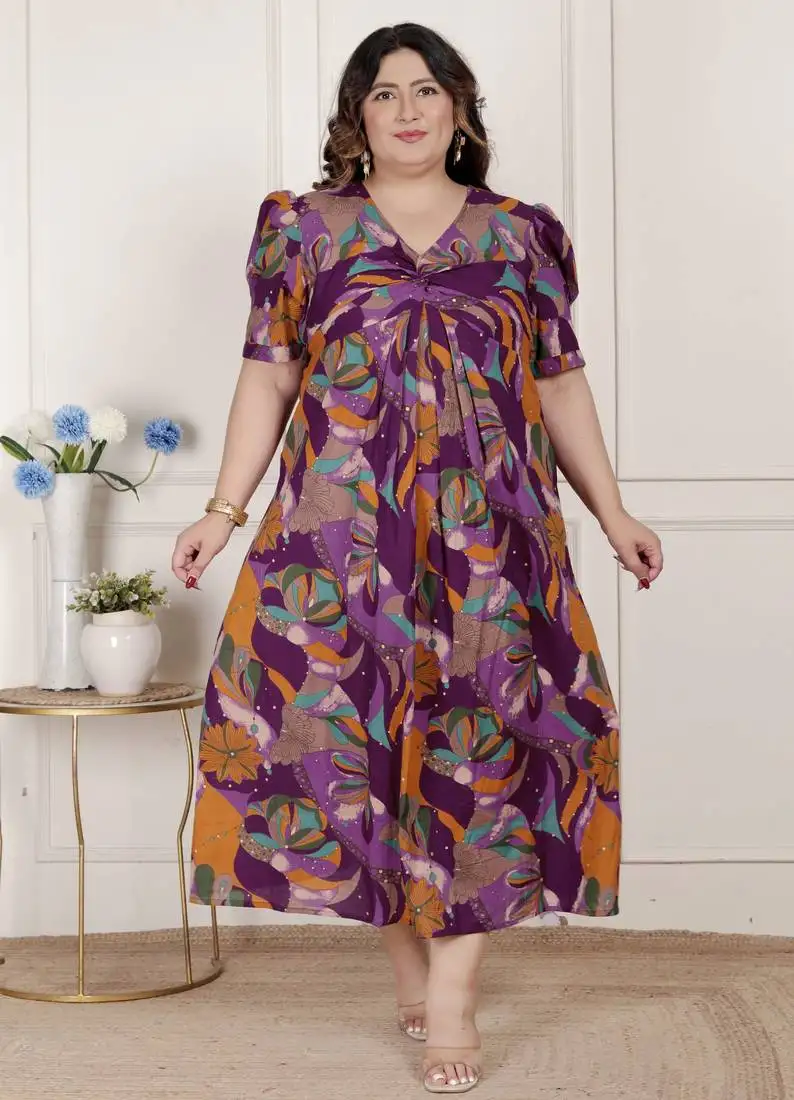 Plus size floral print puff sleeve pure cotton fit flare magenta butterfly maxi dress