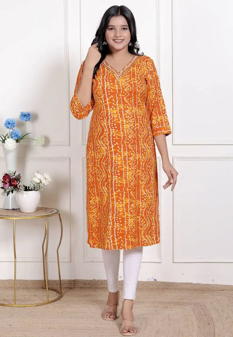 Yellow bandhani printed straight kurti