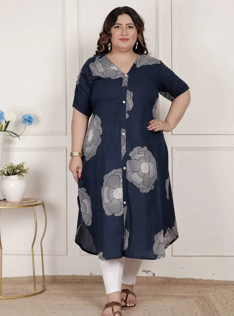 Plus size blue floral printed front buttoned a-line kurta dress