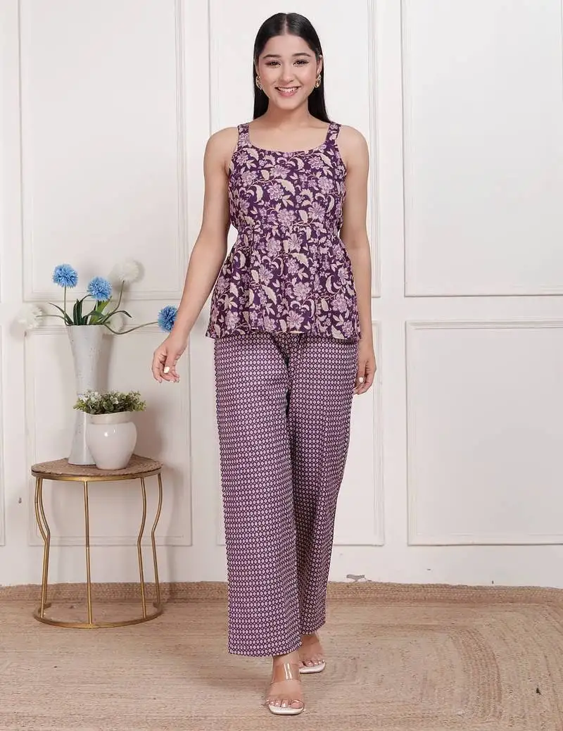 Purple round neck cotton pleated co-ord set stitched