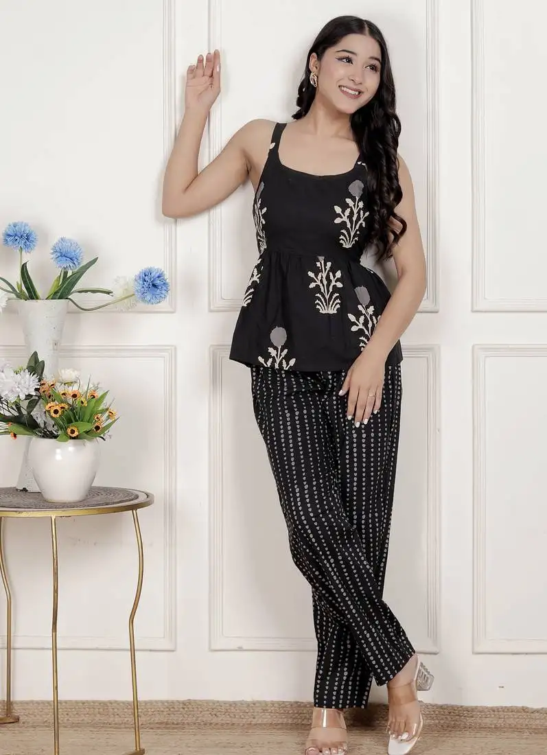 Floral printed black pure cotton co-ord set stitched