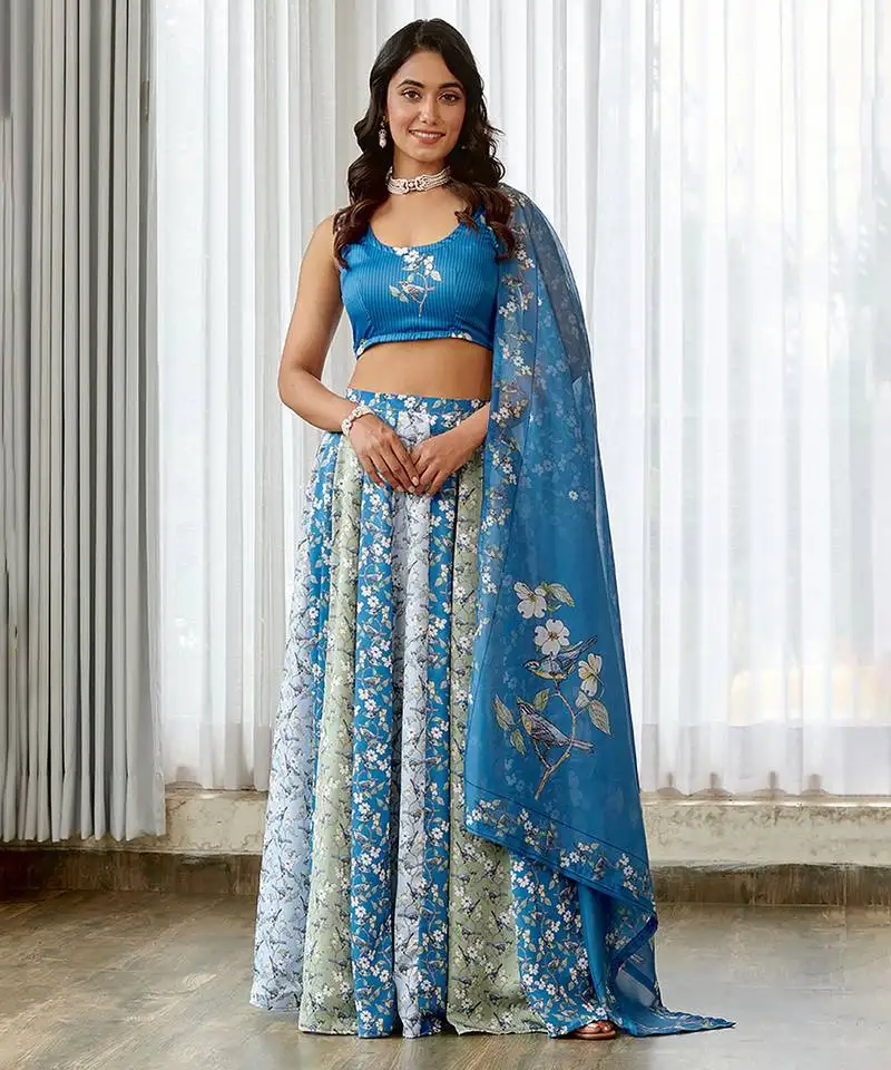 Blue floral printed satin lehenga