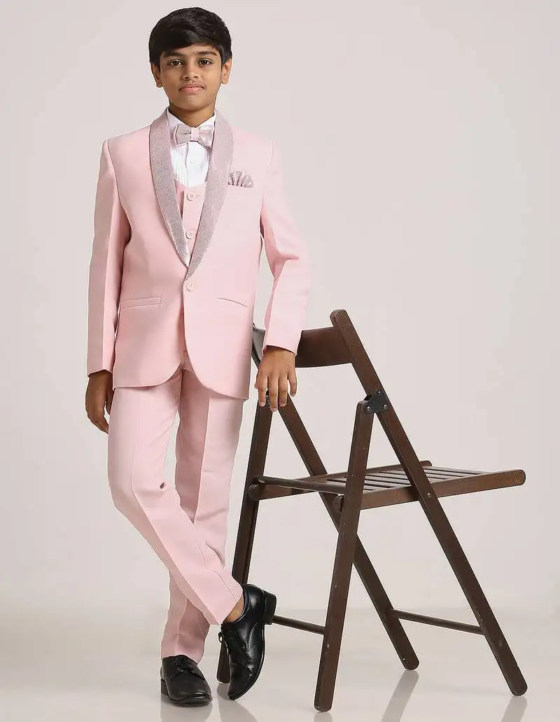 Suit set full sleeves blazer, shirt, pant and waist coat with bow tie - pink