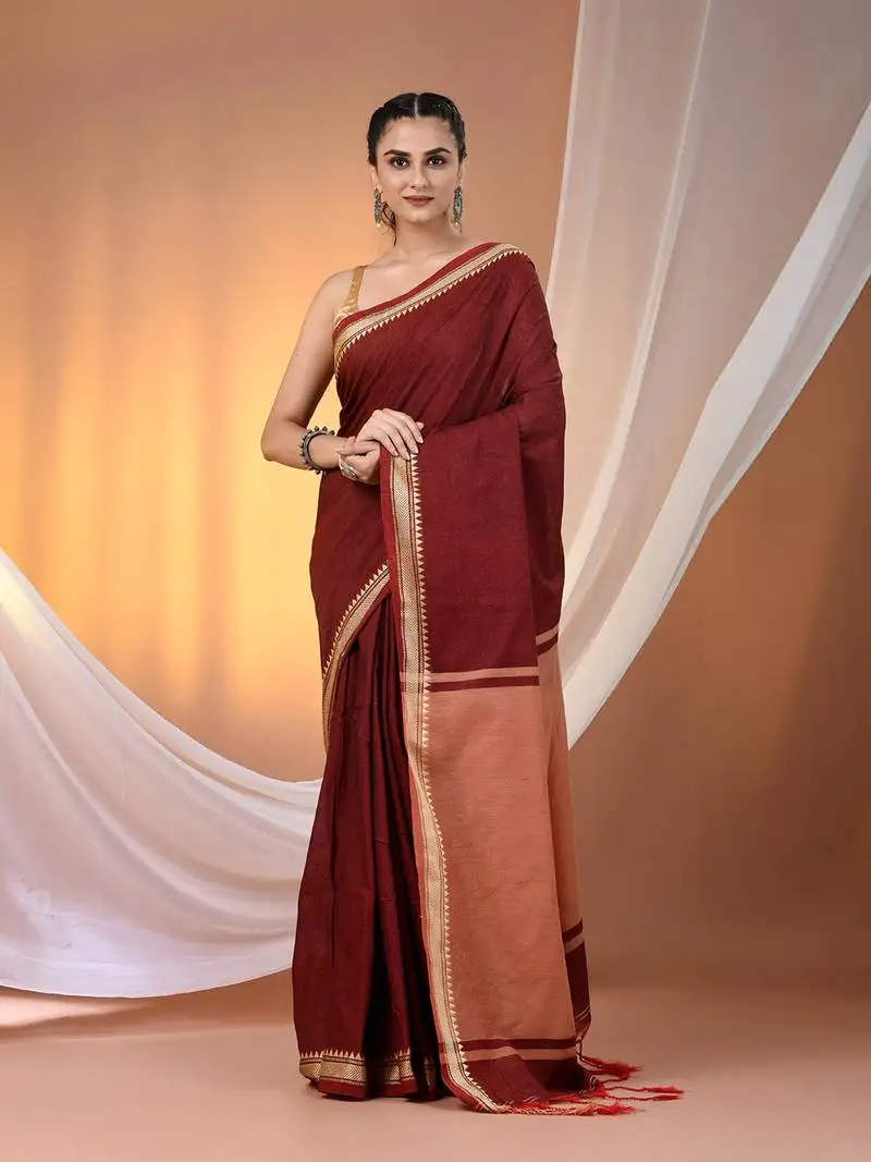 Maroon cotton handspun soft saree with texture borders