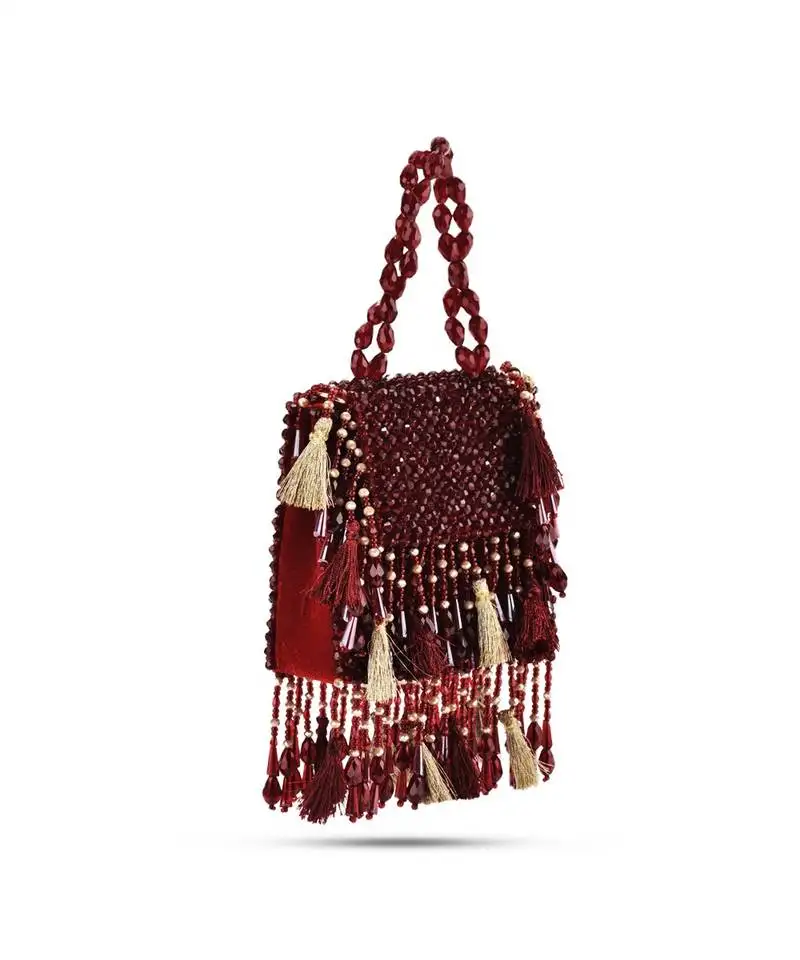 Red suede crystal work embroidered handbag