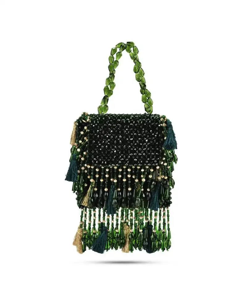 Green suede handbag with crystal work detailing
