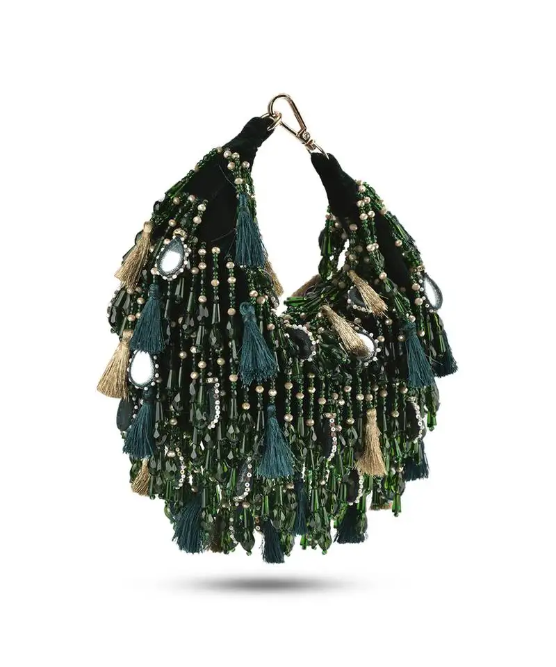 Green velvet embroidered handbag