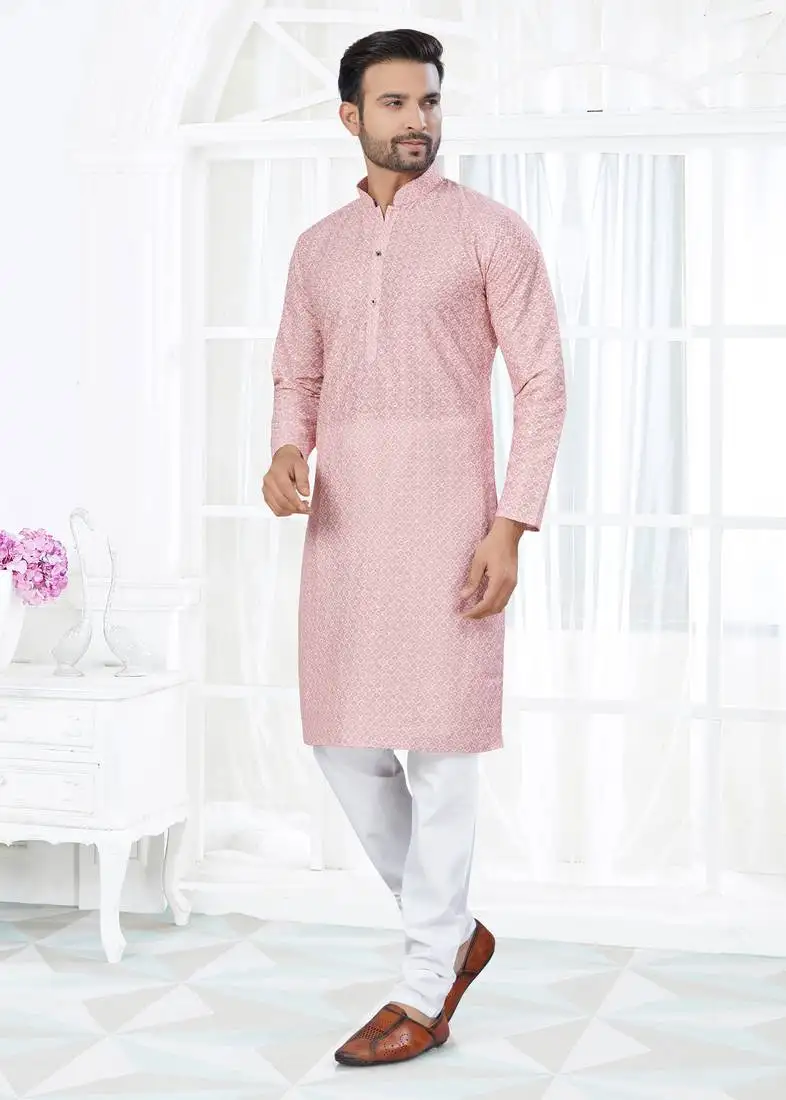 Pink cotton with lucknowi work kurta payjama for mens wear