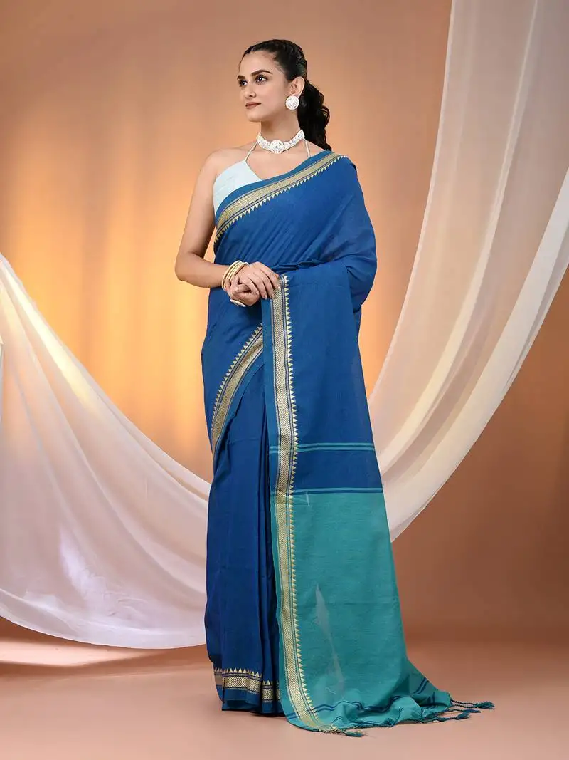 Sapphire blue cotton handspun soft saree with texture borders