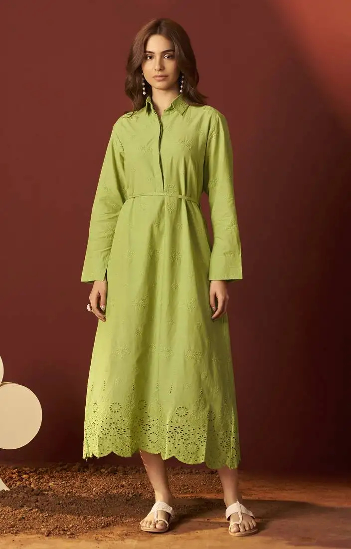 Green pure cotton schiffly embroidered dress for women