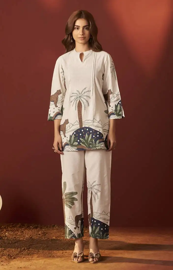 Off white pure cotton printed co-ord set for women