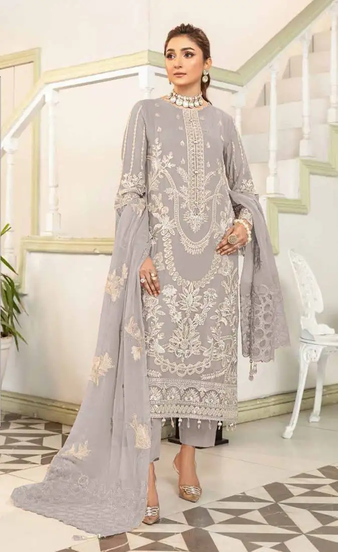 Light grey color embroideried faux georgette semi stitched salwar suit