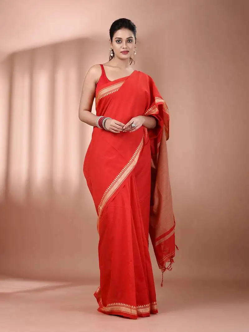 Red cotton handspun soft saree with texture borders