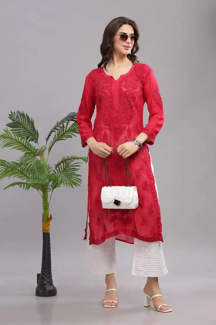 Red chikankari crepe kurta
