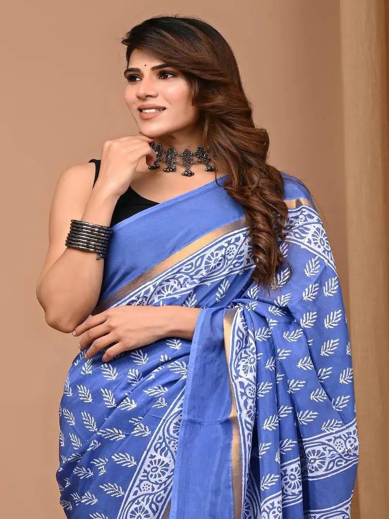 Blue hand block printed with natural dye cotton silk saree with blouse piece