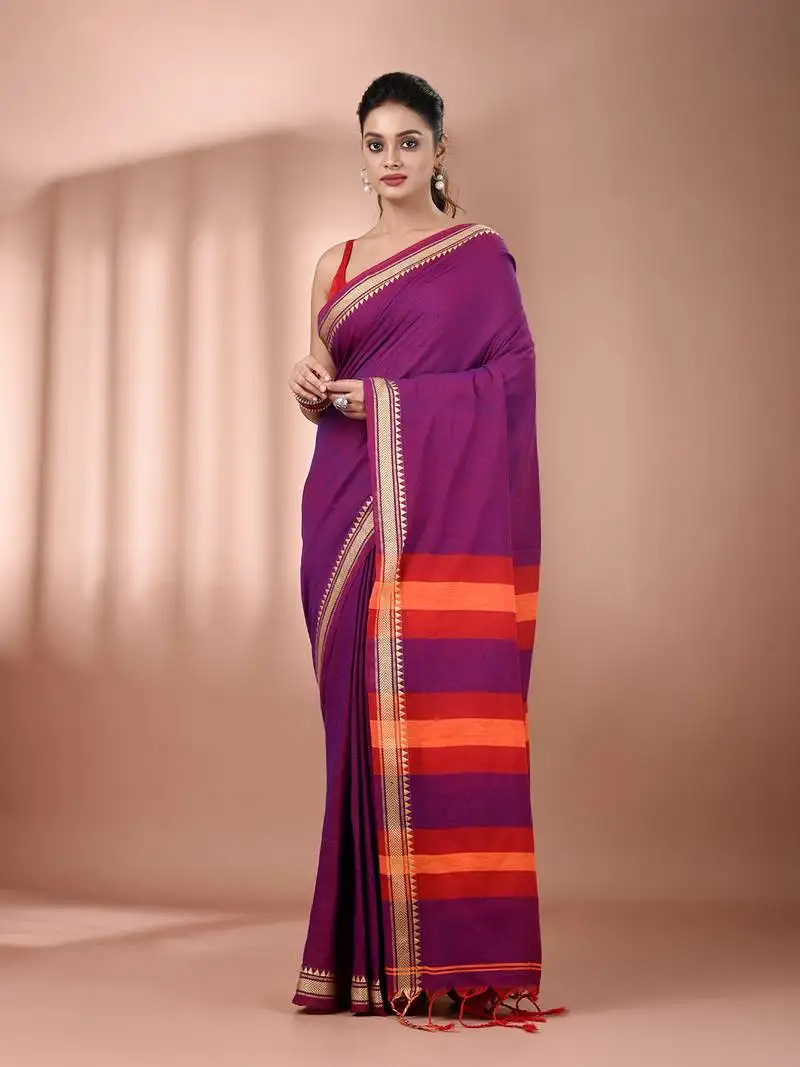 Purple cotton handspun soft saree with texture borders