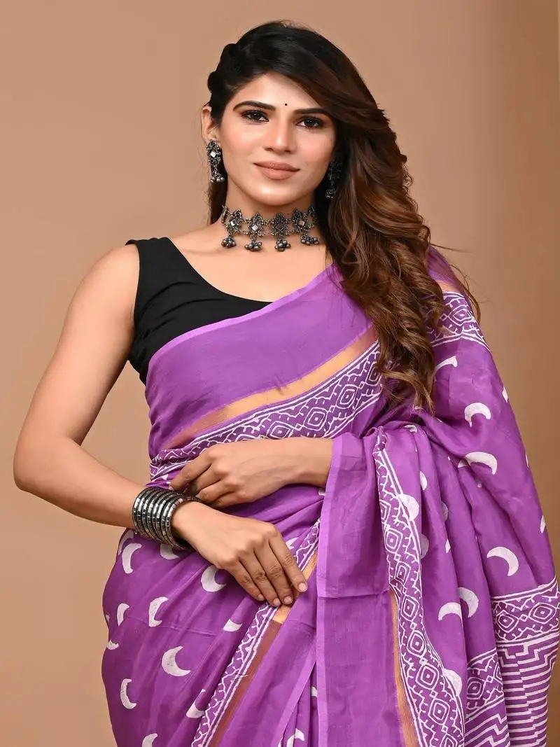 Purple hand block printed with natural dye cotton silk saree with blouse piece