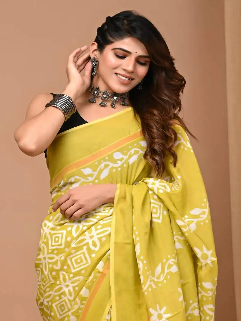 Mustard hand block printed with natural dye cotton silk saree with blouse piece