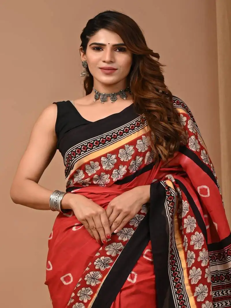 Rust hand block printed with natural dye cotton silk saree with blouse piece