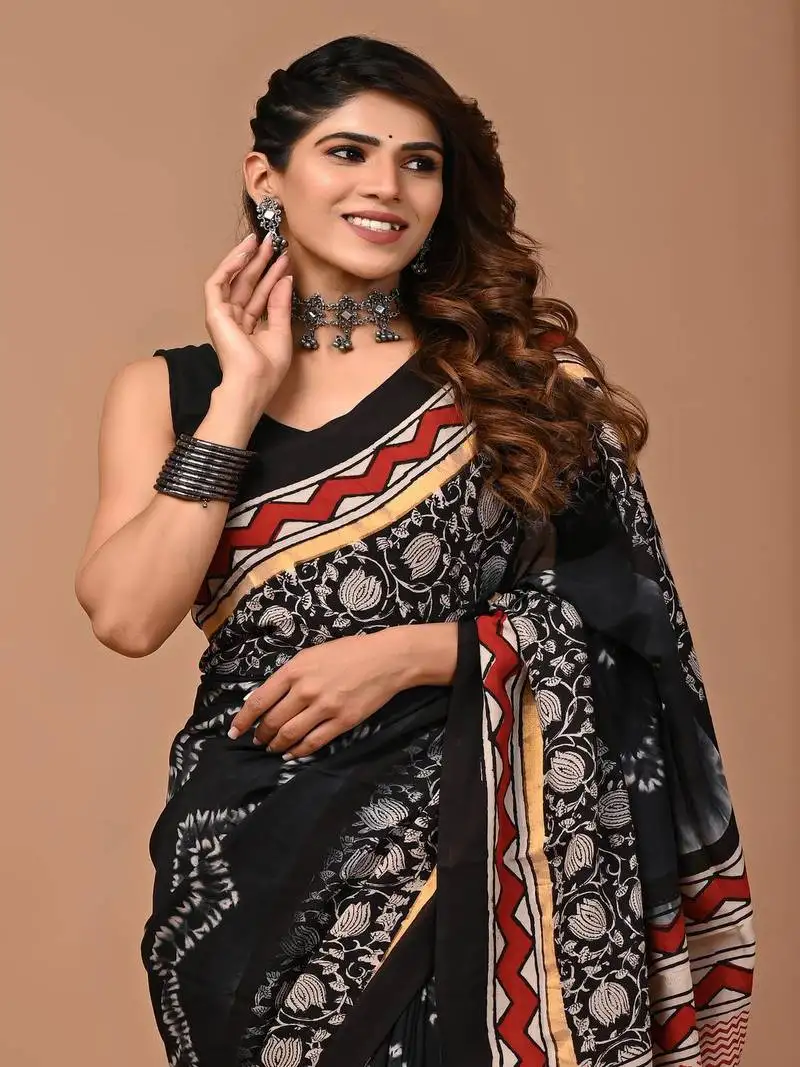Black hand block printed with natural dye cotton silk saree with blouse piece