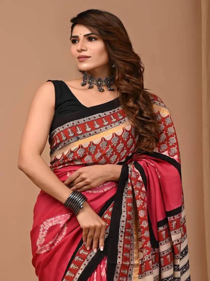 Red hand block printed with natural dye cotton silk saree with blouse piece