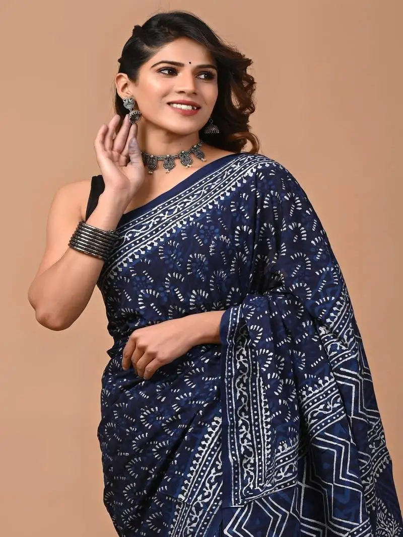 Navy hand block printed with natural dye cotton silk saree with blouse piece